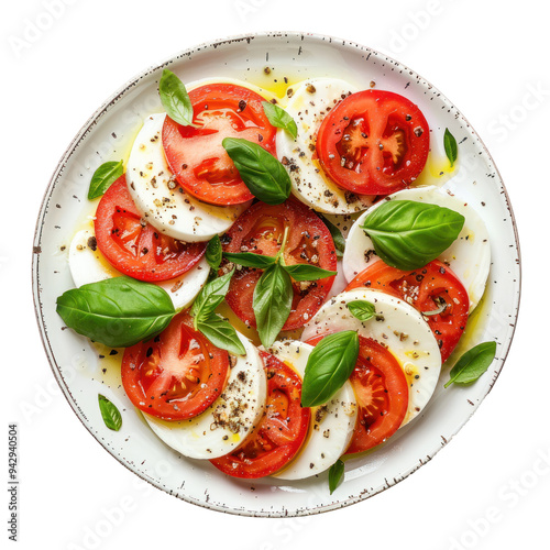 Caprese salad with mozzarella, tomato slices, basil , olive oil on a plate , isolated on transparent background. 