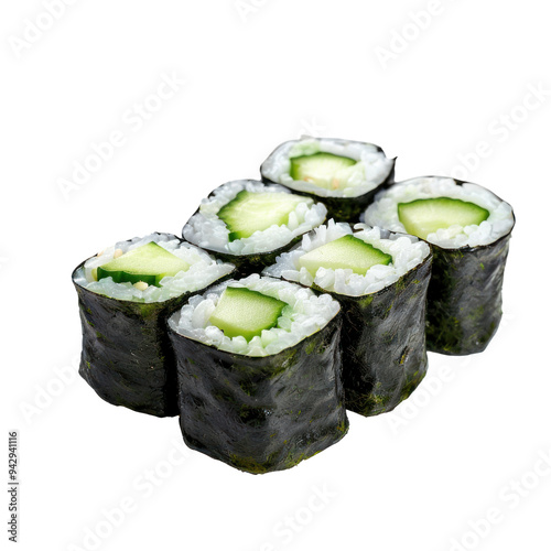 6 pieces of cucumber maki rolls, isolated on transparent background.  photo