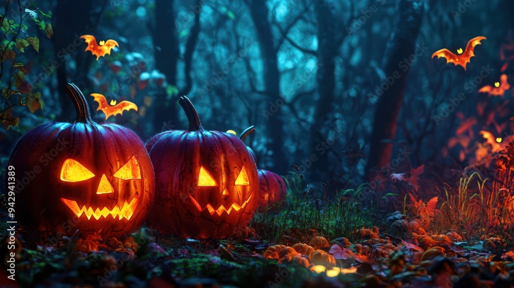 Naklejka premium Halloween decor with glowing pumpkins against a spooky nighttime forest.