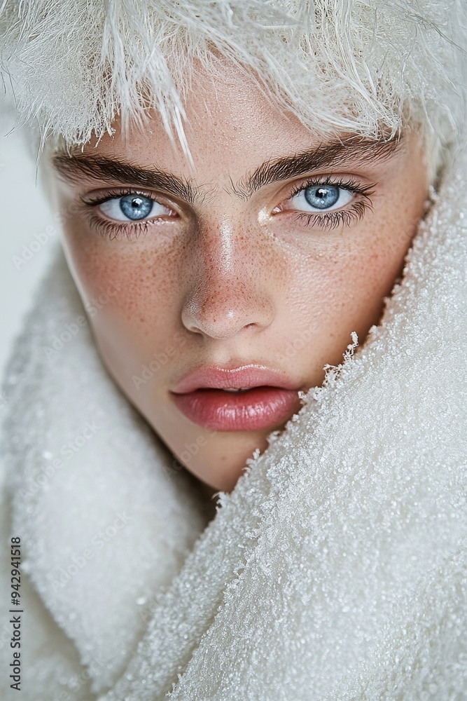 A stunning close-up image of a model with snow-covered hair and skin, capturing the serene beauty and tranquility of winter in a highly artistic fashion. A stunning close-up image of a model with snow-covered hair and skin, capturing the serene beauty and tranquility of winter in a highly artistic fashion.