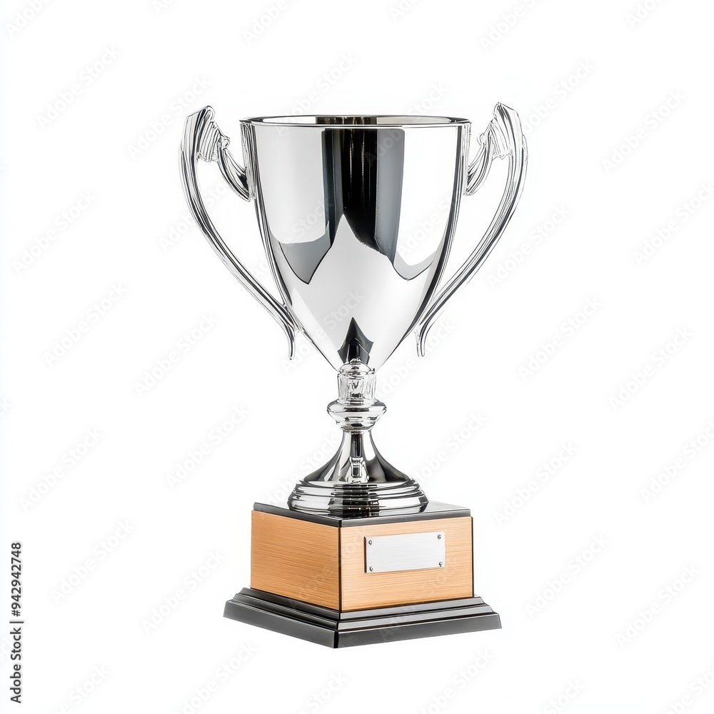 Shiny silver trophy with engraved plaque, isolated on a white background Shiny silver trophy with engraved plaque, isolated on a white background