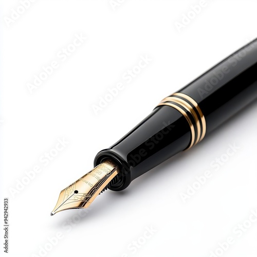 Sleek black fountain pen with a gold nib, isolated on a white background