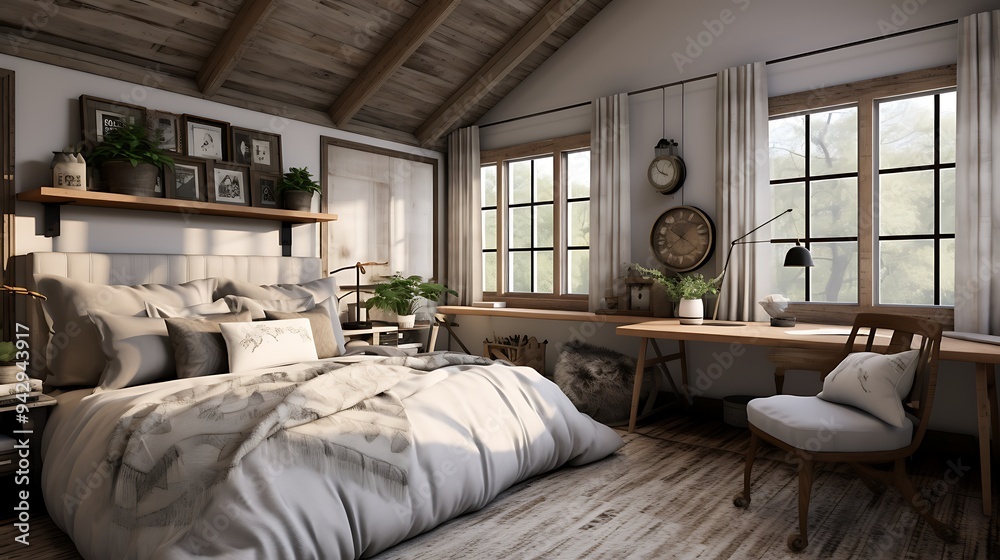 Guest room with a modern farmhouse design and rustic elements Guest room with a modern farmhouse design and rustic elements