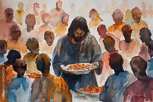 Minimalist Watercolor Illustration of Jesus Feeding the Hungry Masses, Capturing the Beauty of the Miracle of the Five Thousand photo