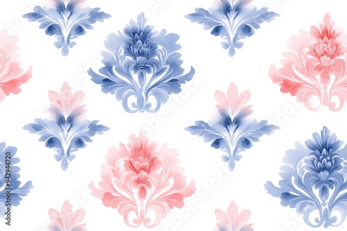 damask pattern featuring intricate floral motifs, seamlessly flowing in a Watercolor style