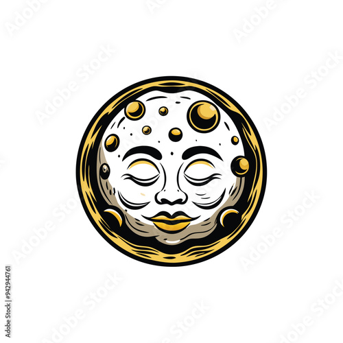 A flat, minimal illustration of a moon with craters arranged in a circular pattern. The moon has a human-like face with closed eyes and a smile. The image is in a cartoon style with bold lines.