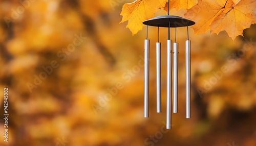 Wind chime softly ringing among rustling autumn leaves, golden glow, Autumn leaves, harmony of sound and sight