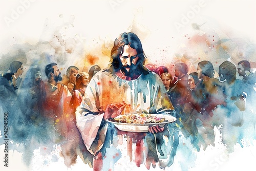 Minimalist Watercolor Illustration of Jesus Feeding the Hungry Masses, Capturing the Beauty of the Miracle of the Five Thousand
