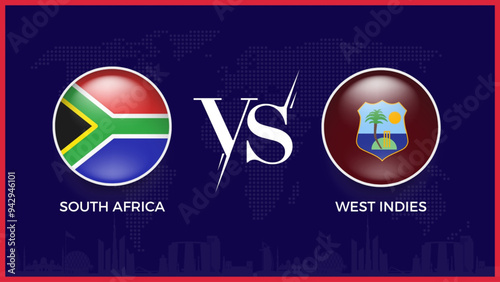 south Africa  vs west indies flag, world map and building skyline use for t20 women cricket world cup 2024 template banner design