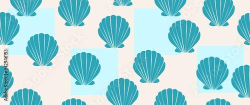 Vector flat illustration. Seamless sea shells. Relaxation concept. In cartoon style. Cute print. Ideal for gift wrapping, posters, covers, screensavers, textile decor, etc.