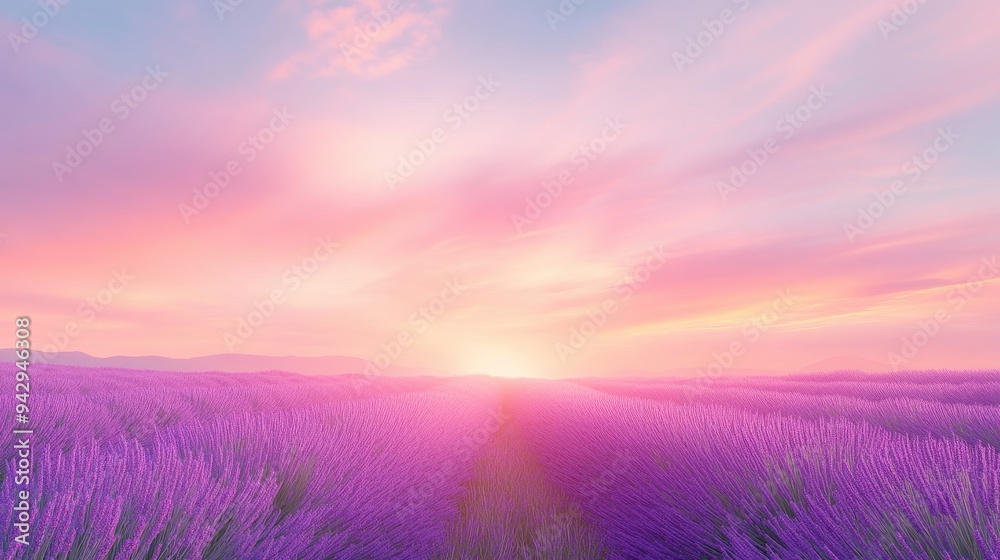 A field of lavender with a pink and orange sky in the background. The sky is filled with clouds and the sun is setting A field of lavender with a pink and orange sky in the background. The sky is filled with clouds and the sun is setting