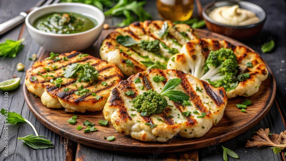 Freshly grilled cauliflower steaks with a flavorful herb sauce and spices, cauliflower, steaks, herb sauce, spices, plant-based Freshly grilled cauliflower steaks with a flavorful herb sauce and spices, cauliflower, steaks, herb sauce, spices, plant-based