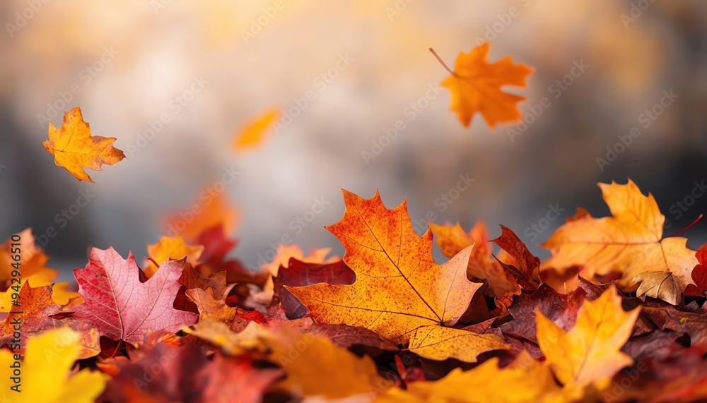 Pile of colorful autumn leaves rustling as they fall from trees, soft light, Autumn leaves, seasonal transition and change Pile of colorful autumn leaves rustling as they fall from trees, soft light, Autumn leaves, seasonal transition and change