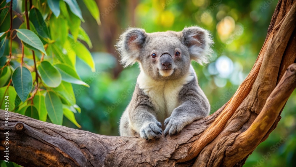 Fototapeta premium Adorable koala sitting in a tree at the Zoo de Beauval, koala, marsupial, wildlife, cute, furry