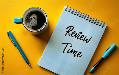 Notebook with 'Review Time' Text and Pen on Yellow Desk with Plants