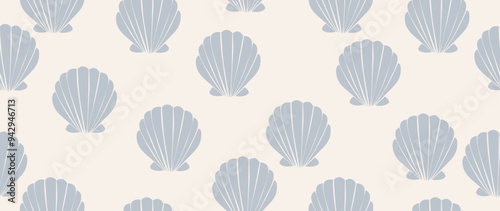 Vector flat illustration. Seamless sea shells. Relaxation concept. In cartoon style. Cute print. Ideal for gift wrapping, posters, covers, screensavers, textile decor, etc.