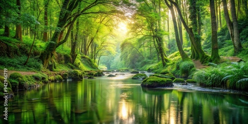 Tranquil stream in a lush forest setting, nature, water, flowing, peaceful, scenic, outdoors, creek, woods, serene