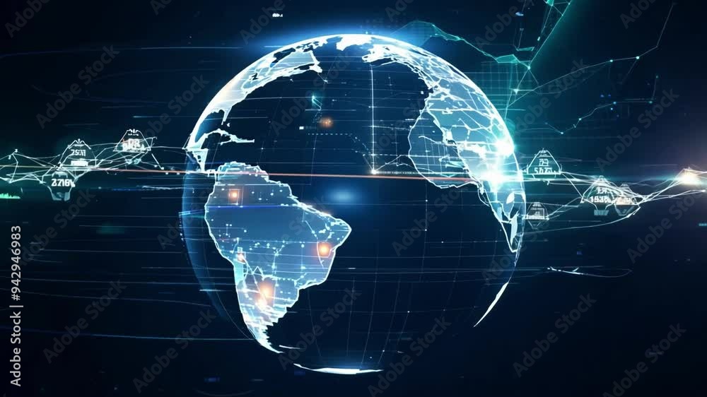 Holographic earth and digital elements. Cloud computing, big data, ai, information technology concept. Ai generated video.