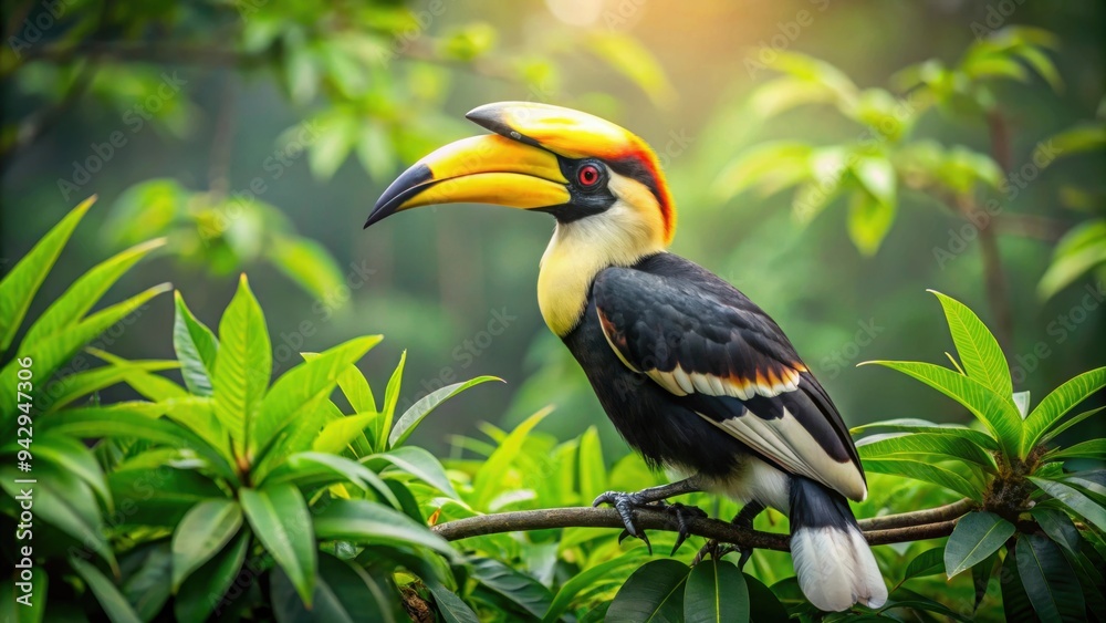 Fototapeta premium Majestic great hornbill perched in lush greenery in Phnom Penh, Cambodia, Great Hornbill, Phnom Penh, Cambodia, Wildlife