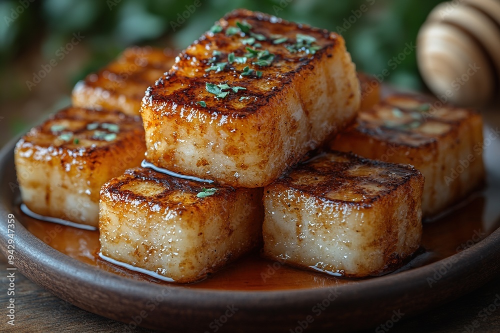 Toasts of small pieces of bread drunk with honey and spices, placed on wooden trays. Toasts of small pieces of bread drunk with honey and spices, placed on wooden trays.