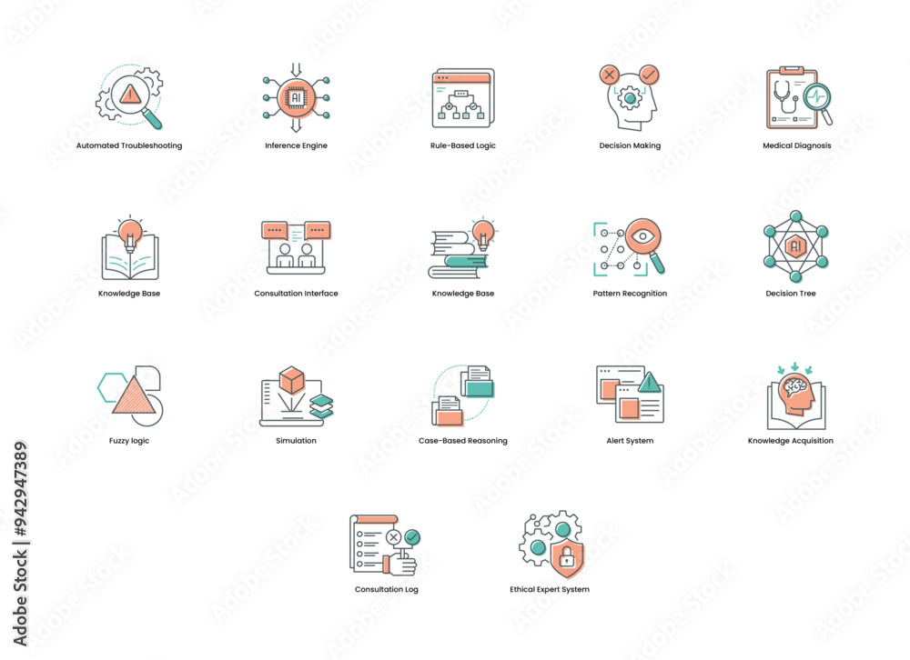 Expert Systems. A vibrant icon set for expert systems, illustrating AI components like decision trees, inference engines, and medical diagnostics, perfect for tech applications, educational resources,