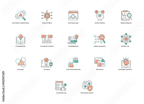 Expert Systems. A vibrant icon set for expert systems, illustrating AI components like decision trees, inference engines, and medical diagnostics, perfect for tech applications, educational resources, photo