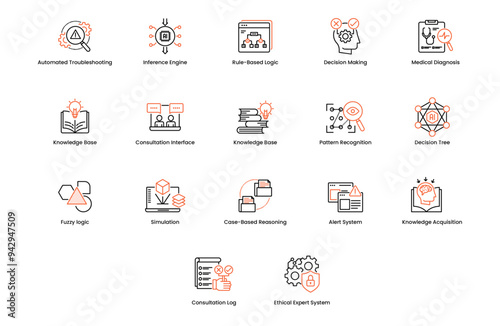 Simple Vector Medical Decision Support System Icons. Futuristic Healthcare Icons for AI-Driven Medical Applications. Includes Icons for Troubleshooting, Diagnosis, and Consultation