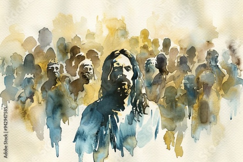 Minimalist Watercolor Illustration of Jesus Feeding the Hungry Masses, Capturing the Beauty of the Miracle of the Five Thousand photo