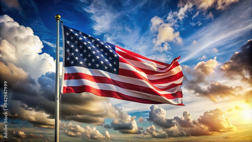 American flag waving in the sky with clouds in background, 4th of July, patriotism, USA American flag waving in the sky with clouds in background, 4th of July, patriotism, USA