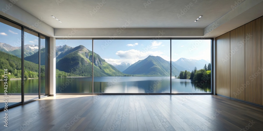 Fototapeta premium Minimalist interior with scenic mountain and lake view, minimalist, interior design, serene, peaceful, simple