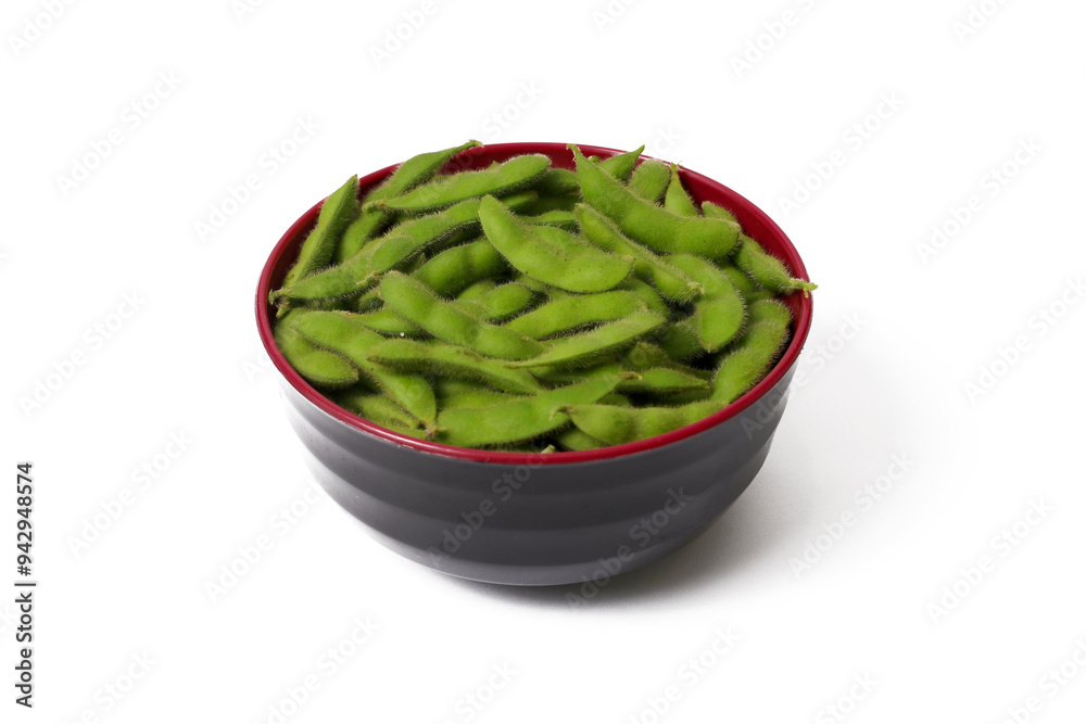Black Bowl Filled with Vibrant Green Edamame Beans Isolated on White Background Black Bowl Filled with Vibrant Green Edamame Beans Isolated on White Background