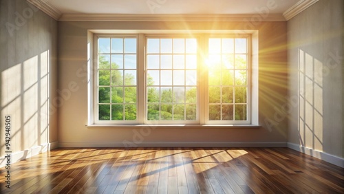 Simple interior background with warm sunlight streaming in through the window, cozy, bright, serene, peaceful, minimalistic