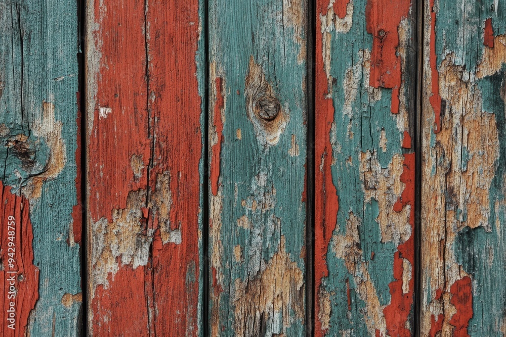 Weathered Wooden Surface with Peeling Red and Green Paint Weathered Wooden Surface with Peeling Red and Green Paint