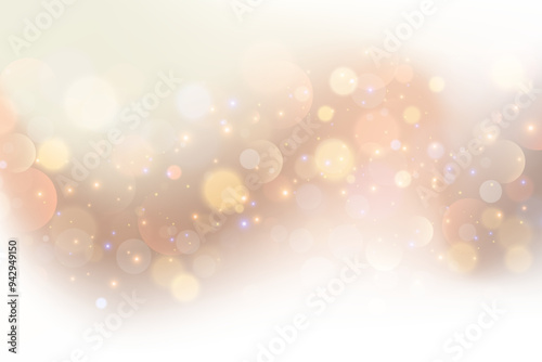 Light background with bokeh. Abstract golden glitter texture. Beige wavy gradient with glow. Ivory pastel blurred backdrop for wedding invitation design. Nude elegant vector gradation wallpaper