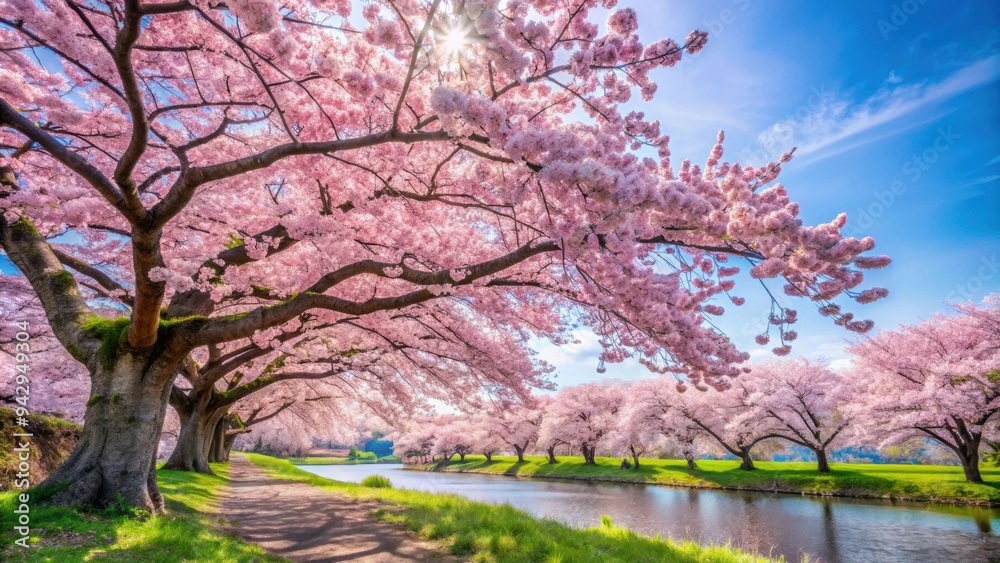Beautiful sakura tree in full bloom during spring season, Cherry blossom, pink flowers, Japan, petals Beautiful sakura tree in full bloom during spring season, Cherry blossom, pink flowers, Japan, petals