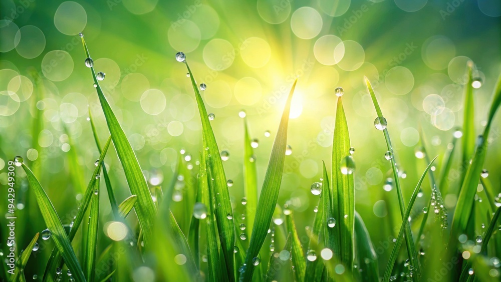 Fototapeta premium Lush green grass background with dew drops, nature, landscape, textured, vibrant, fresh, organic, meadow, backdrop, growth