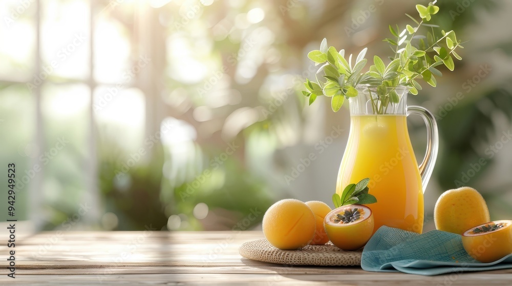 A cozy tropical scene with a pitcher of passion fruit juice and tropical fruits on a sunlit table, creating a warm and inviting atmosphere.