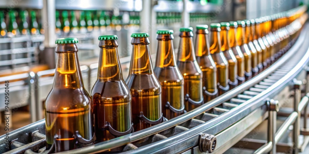 Beer bottles moving on a conveyor belt, manufacturing, production line, automated, brewery Beer bottles moving on a conveyor belt, manufacturing, production line, automated, brewery