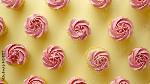 The yellow backdrop of many raspberry rose cupcake designs