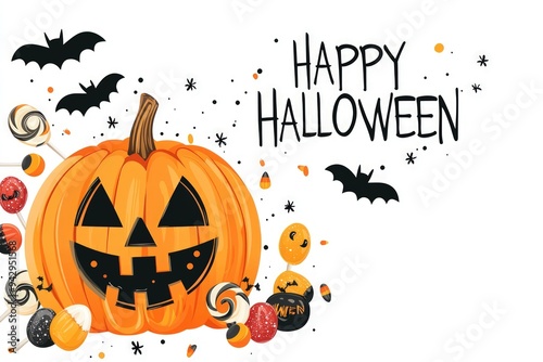 Festive Halloween clip art with pumpkin faces, bats, and candies, "HAPPY HALLOWEEN" text.