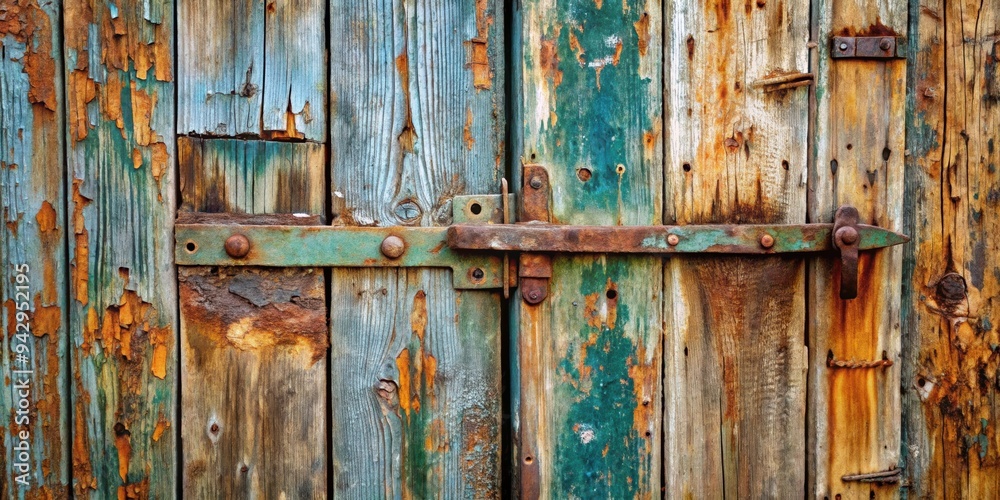 Weathered wooden door with chipped paint and rusty hinges , vintage, antique, rustic, entrance, exterior, architecture, aged Weathered wooden door with chipped paint and rusty hinges , vintage, antique, rustic, entrance, exterior, architecture, aged