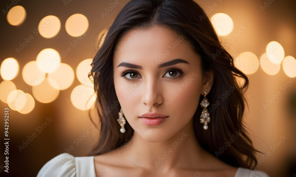 Brunette woman with diamond earrings posing in a room with lights Brunette woman with diamond earrings posing in a room with lights