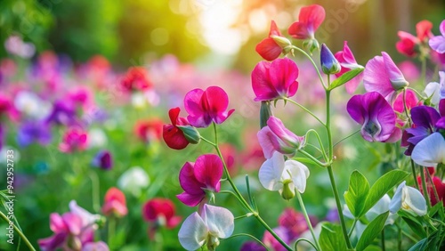 Vibrant sweet pea blossoms in a lush garden , Sweet pea, flowers, garden, vibrant, blooming, nature, plant, summer, colorful