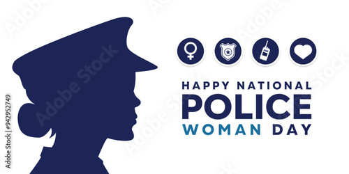 National Police Women Day. Women, gender icon, badge, walkie talkie and heart. Great for cards, banners, posters, social media and more. White background.