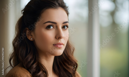 Beautiful young woman with brown hair posing indoors