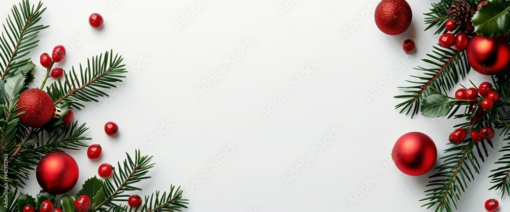 Festive Christmas Banner with Red Ornaments and Pine Branches on White Background Festive Christmas Banner with Red Ornaments and Pine Branches on White Background