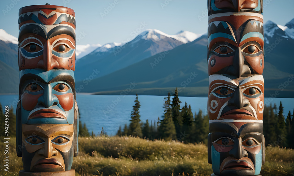 Traditional totem poles guarding serene lake and mountain landscape Traditional totem poles guarding serene lake and mountain landscape