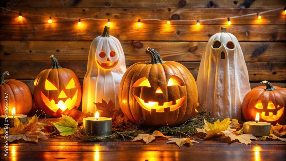 Fototapeta premium Spooky Halloween decorations featuring glowing jack-o'-lanterns and ghost figures , Halloween, decorations, pumpkin