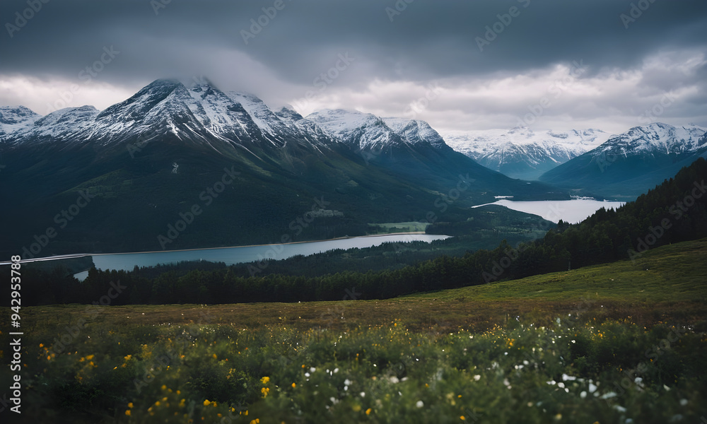 Fototapeta premium Dramatic sky hanging over majestic mountain range with turquoise lake