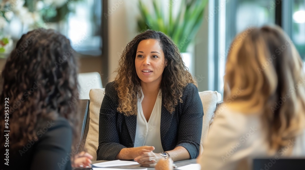 Group of business women engaged in a productive discussion. Colleagues working in a professional environment, part of a panel conference. The focus is on effective communication and networking skills. Group of business women engaged in a productive discussion. Colleagues working in a professional environment, part of a panel conference. The focus is on effective communication and networking skills.